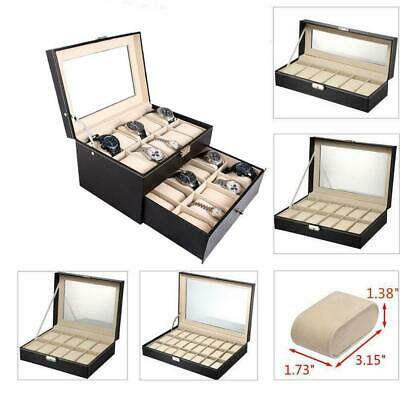 6 10 12 20 24 Slots Leather Watch Box Display Glass Top Jewelry Case Organizer