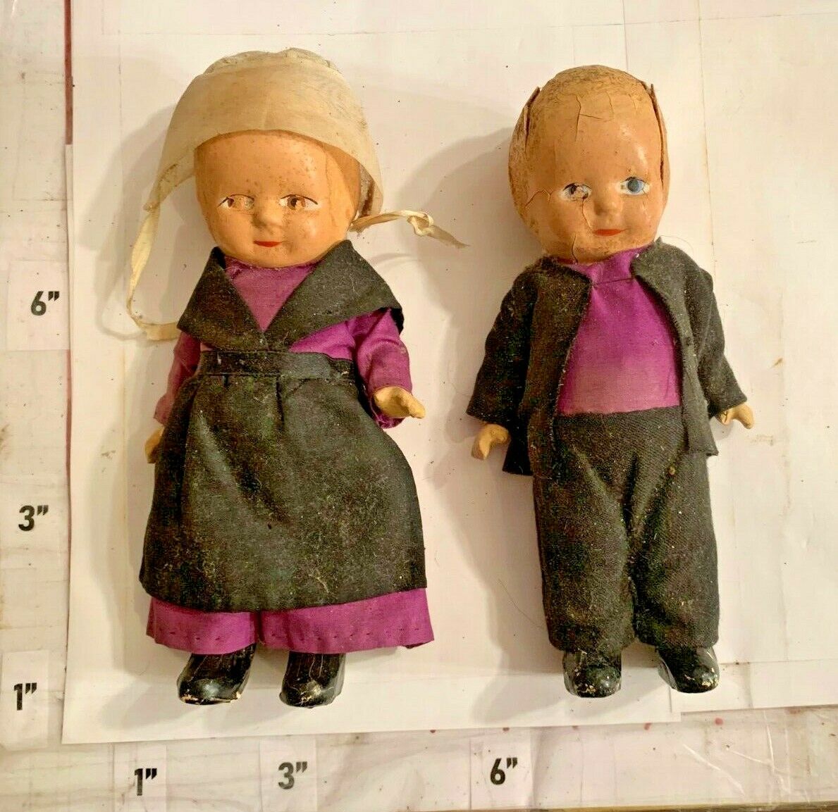 Amish Girl & Boy Doll Set Handmade Clothes Cork Filled Composition Jointed